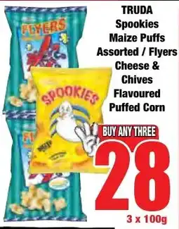 Boxer Superstores TRUDA Spookies Maize Puffs Assorted/ Flyers Cheese & Chives Flavoured Puffed Corn offer