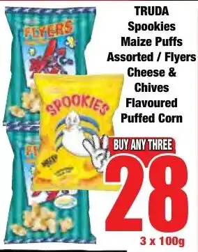 Boxer Superstores TRUDA Spookies Maize Puffs Assorted/ Flyers Cheese & Chives Flavoured Puffed Corn offer