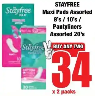 Boxer Superstores STAYFREE Maxi Pads Assorted/ Pantyliners Assorted offer
