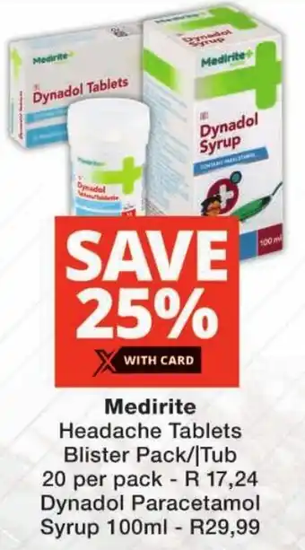 Checkers Medirite Headache Tablets Blister Pack/ Tub offer