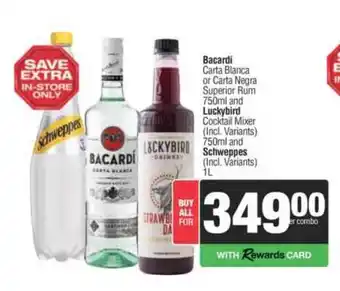 Spar Tops Bacardi, Luckybird, Schweppes Combo offer