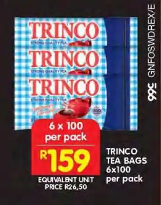 Shoprite TRINCO TEA BAGS 6x100 per pack offer