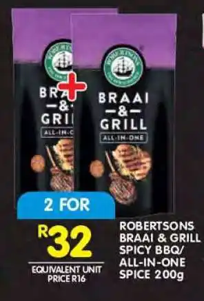 Shoprite ROBERTSONS BRAAI & GRILL SPICY BBQ/ALL-IN-ONE SPICE 200g offer