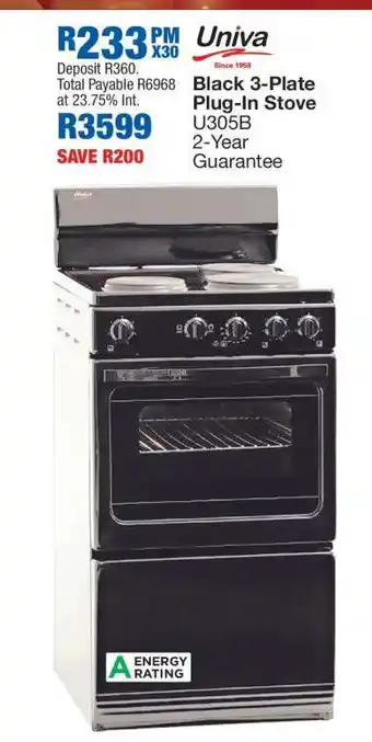 OK Furniture Univa Black 3-Plate Plug-In Stove UJ305B offer