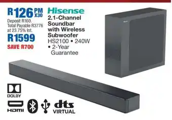 OK Furniture Hisense 2.1 Channel Soundbar With Wireless Subwoofer offer