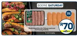 Pick n Pay Bomb Squad Wors 6s 720g per pack and PnP Hotdog Rolls 6s offer