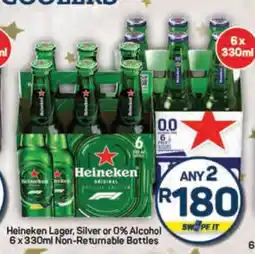 Pick n Pay Heineken Lager, Silver or 0% Alcohol 6 x 330ml Non-Returnable Bottles offer