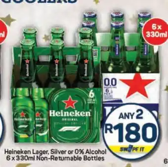 Pick n Pay Heineken Lager, Silver or 0% Alcohol 6 x 330ml Non-Returnable Bottles offer