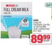 Spar Spar Long Life Full Cream, Low Fat Or Fat Free Milk-6 x 1L Per Pack offer