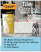 K Carrim 10 Box Terrazo Grey (14.4Sqm), 4x20Kg Tile Adhesive, 5Kg Grout & 2mm Spaces Tile Combo 600x1200 offer