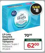 Dis-Chem Lil-lets Smartfit Applicator Tampons Regular/Super/Multipack 20 Pack offer