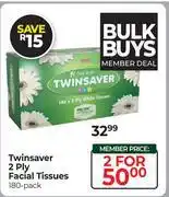 Dis-Chem Twinsaver 2 Ply Facial Tissues (180's Pack)-For 2 offer