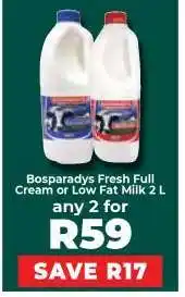 Food Lover's Market Bosparadys Fresh Full Cream or Low Fat Milk 2 L offer