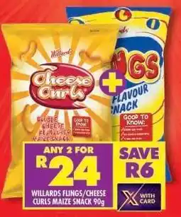 Shoprite WILLARDS FLINGS/CHEESE CURLS MAIZE SNACK 90g offer