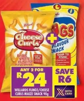 Shoprite WILLARDS FLINGS/CHEESE CURLS MAIZE SNACK 90g offer