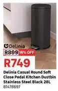 Leroy Merlin Delinia Casual Round Soft Close Pedal Kitchen Dustbin S/Steel Black 28L 81478697 offer