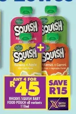Shoprite RHODES SQUISH BABY FOOD POUCH all variants 110ml offer
