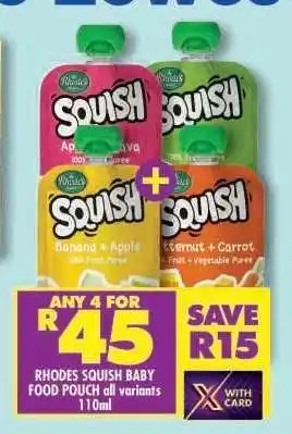 Shoprite RHODES SQUISH BABY FOOD POUCH all variants 110ml offer