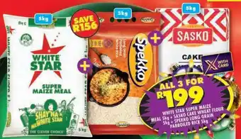Shoprite White Star Super Maize Meal 5kg + Sasko Cake Wheat Flour 5kg + Spekko Long Grain Parboiled Rice 5kg offer