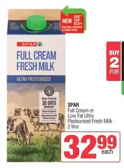 Spar SPAR Full Cream or Low Fat Ultra Pasteurised Fresh Milk 2 litre offer