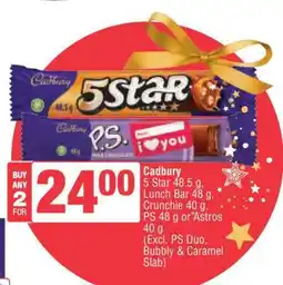 Spar Cadbury 5 Star 48.5 g, Lunch Bar 48 g, Crunchie 40 g, PS 48 g or Astros 40 g offer