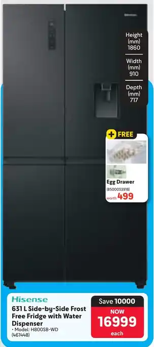 Makro Hisense Side-by-Side Frost Free Fridge with Water Dispenser offer