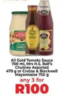 Food Lover's Market All Gold Tomato Sauce, Mrs. H.S. Ball's Chutney Assorted or Crosse & Blackwell Mayonnaise offer