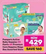 Game Pampers Active Baby Nappies Or Pants Or Premium Care Nappies Mega Box Assorted Sizes-Per Box offer