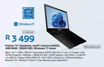 Computer Mania Proline 14" Notebook, Intel Celeron N4020, 4GB RAM, 128GB SSD, Windows 11 Home offer