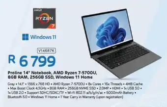 Computer Mania Proline 14" Notebook, AMD Ryzen 7-5700U, 8GB RAM, 256GB SSD, Windows 11 Home offer