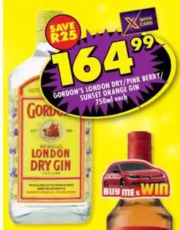 Shoprite Gordon's London Dry/Pink Berry/Sunset Orange Gin 750ml offer