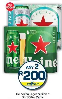 Pick n Pay Heineken Lager or Silver 6 x 500ml Cans offer