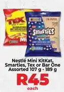 Food Lover's Market Nestle Mini Kitkat, Smarties, Tex Or Bar One Assorted 107gm/189gm-Each offer