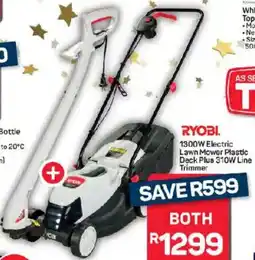 Pick n Pay Hypermarket RYOBI 1300W Electric Lawn Mower Plastic Deck Plus 310W Line Trimmer offer
