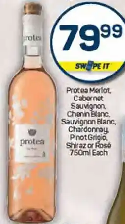 Pick n Pay Protea Merlot, Cabernet Sauvignon, Chenin Blanc, Sauvignon Blanc, Chardonnay Pinot Grigio Shiraz or Rosé offer