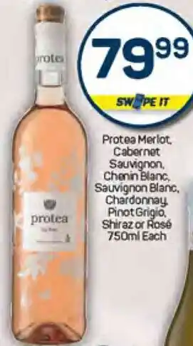 Pick n Pay Protea Merlot, Cabernet Sauvignon, Chenin Blanc, Sauvignon Blanc, Chardonnay Pinot Grigio Shiraz or Rosé offer