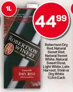 Pick n Pay Robertson Dry Red, Natural Sweet Red, Natural Sweet White, Natural Sweet Rosé, Light White, Late Harvest, Stein or Dry White offer