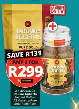 Checkers Douwe Egberts Instant Coffee All Variants/ Pure Gold Refill Pack offer