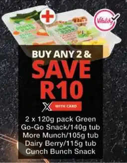 Checkers Green Go-Go Snack/ More Munch/105g tub Dairy Berry/ Cunch Bunch Snack offer