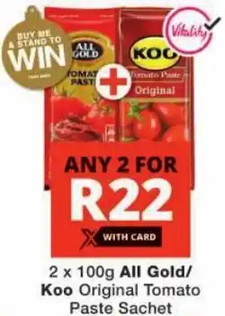 Checkers All Gold/ Koo Original Tomato Paste Sachet offer