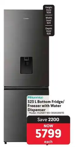Makro Hisense 323 L Bottom Fridge/Freezer with Water Dispenser offer
