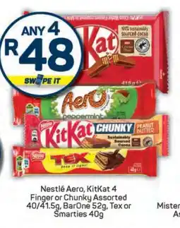 Pick n Pay Nestlé Aero, KitKat 4 Finger or Chunky Assorted 40/41.5g, BarOne 52g, Tex or Smarties 40g offer