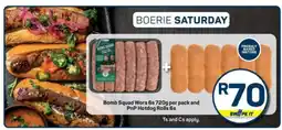 Pick n Pay Bomb Squad Wors 6s 720g per pack and PnP Hotdog Rolls 6s offer