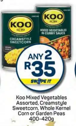 Pick n Pay Koo Mixed Vegetables Assorted, Creamstyle Sweetcorn, Whole Kernel Corn or Garden Peas offer