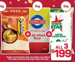 Pick n Pay Hypermarket Spekko Parboiled Rice 5kg, Snowflake Cake Wheat Flour 5kg, White Star Super Maize Meal 5kg offer