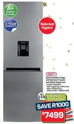 Pick n Pay Hypermarket DEFY Satin Metallic Fridge with Bottom Freezer and Water Dispenser offer