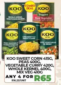 1UP Koo sweet corn, peas, vegetable curry, whole kernel, mix veg offer