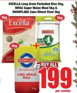 Boxer EXCELLA Long Grain Parboiled Rice 5kg, IWISA Super Maize Meal 5kg & SNOWFLAKE Cake Wheat Flour 5kg offer