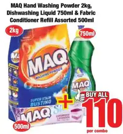 Boxer MAQ Hand Washing Powder 2kg, Dishwashing Liquid 750ml & Fabric Conditioner Refill Assorted 500ml offer