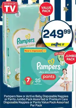 Pick n Pay Pampers New or Active Baby Disposable Nappies or Pants Jumbo Pack or Premium Care Disposable Nappies or Pants Value Pack offer